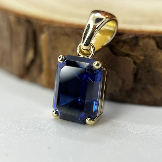 14K Gold Lab Grown Sapphire Pendant - Royal Blue Minimalist Necklace