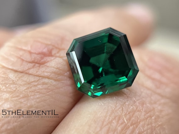 Emerald Asscher Cut 10mm. Hydrothermal Lab Grown Gemstone.