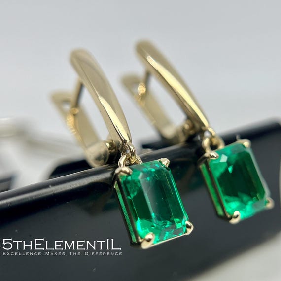 Gold Earrings With Lab Grown Colombian Emerald. Minimalist Jewelry.