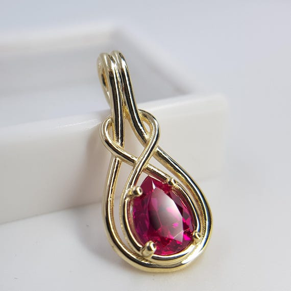 14K Solid Gold Ruby Pendant – Pear-Shaped Lab-Grown Ruby, Handwoven Weave Design, Art Deco Necklace, July Birthstone Gift. Free Shipping!