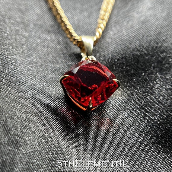 14K Gold Red Beryl Bixbite Cushion Cut Pendant For Necklace. Lab Grown Minimalist Jewelry!