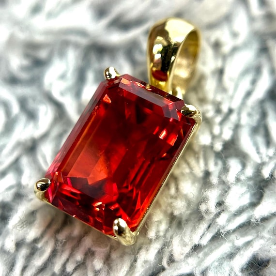 14K Gold Red Beryl Bixbite Pendant: Lab Grown Gemstone Necklace