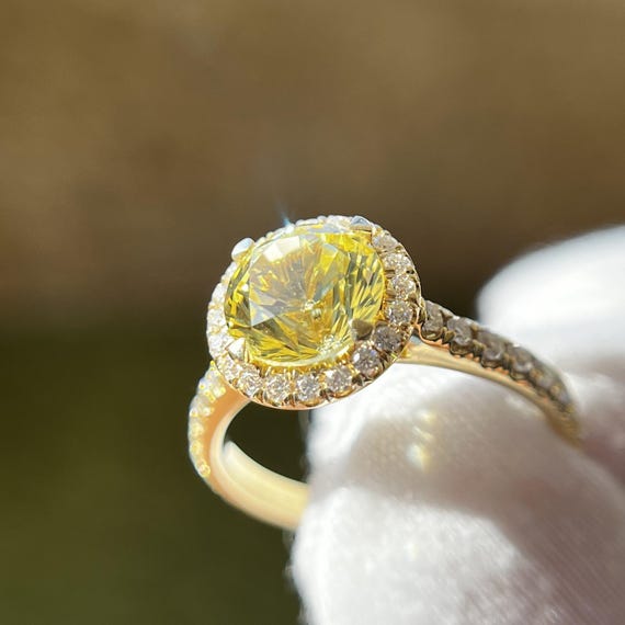 Solid Gold Yellow Sapphire Ring For Her! Absolutely Unique Handmade Jewelry Ring With 2.5 CT Lab Created Sapphire Gemstone And Diamonds!