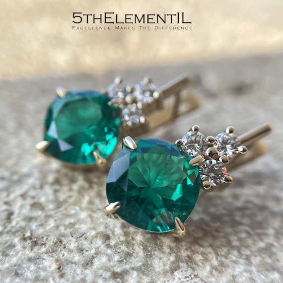 14k Gold Emerald & Diamond Earrings: Art Nouveau Dangle, Handmade