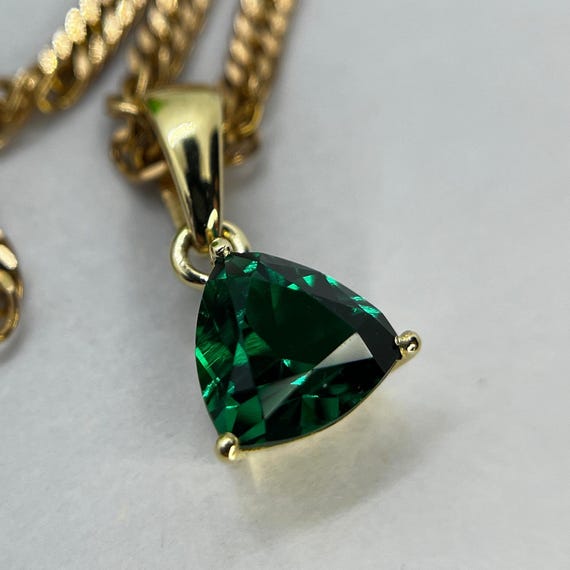 Gold Emerald Pendant For Necklace. Trillion Cut Lab Grown Hydrothermal Gemstone Minimalist Jewelry.