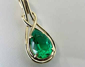 14k Colombian Emerald Gold Pendant For Necklace. Unique Design Birthstone Jewelry.