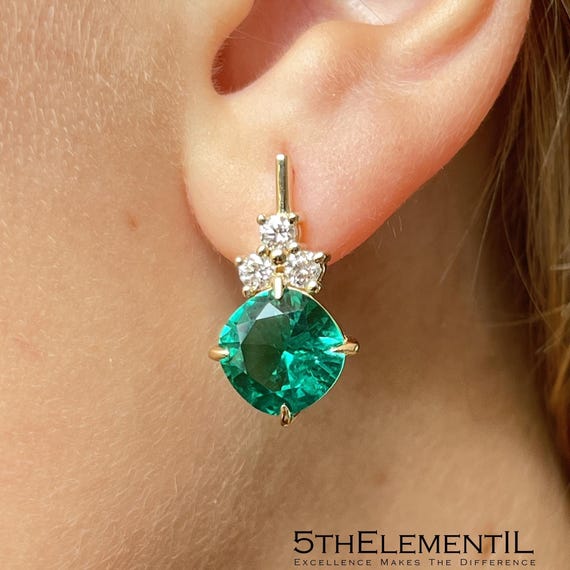 Colombian Emerald Earrings With Diamonds. Solid 14k Gold Earrings With Top Quality Hydrothermal Lab Grown Emerald Cushion Cut. Unique Items!