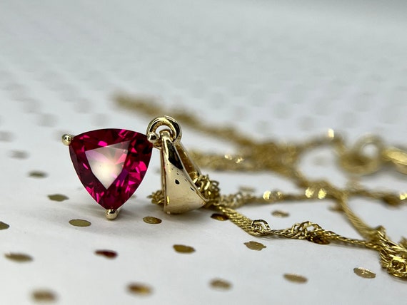 14K Gold Ruby Trillion Pendant For Necklace. Minimalist Gemstone Jewelry.