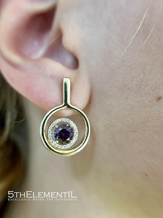 14K Gold Alexandrite Earrings with Lab Grown Diamonds: Handmade Fine Jewelry