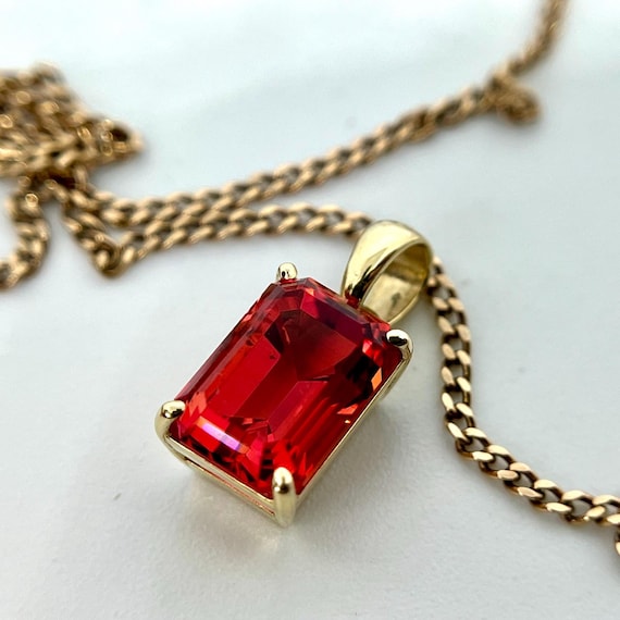14K Gold Red Beryl Pendant For Necklace. Lab Grown Gemstone Unique Minimalist Jewelry.
