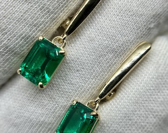 Minimalist Emerald Earrings. Solid Gold And Lab Grown Colombian Emerald.