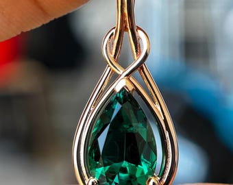 Unique Emerald Pendant For Necklace. Pear Shape Lab Grown Gemstone In Solid Gold.