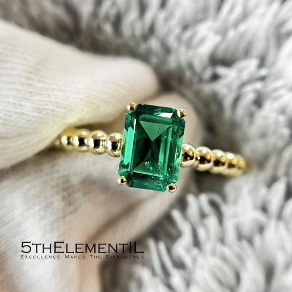 14k Solid Gold Lab Grown Emerald Ring. Unique Quality Jewelry Gift For Her.