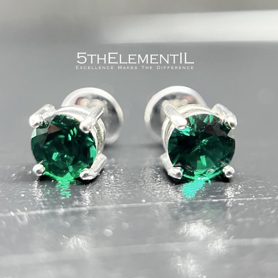 Minimalist Stud Earrings With Hydrothermal Lab Grown Emerald Gemstones 6mm Round Brilliant Cut.