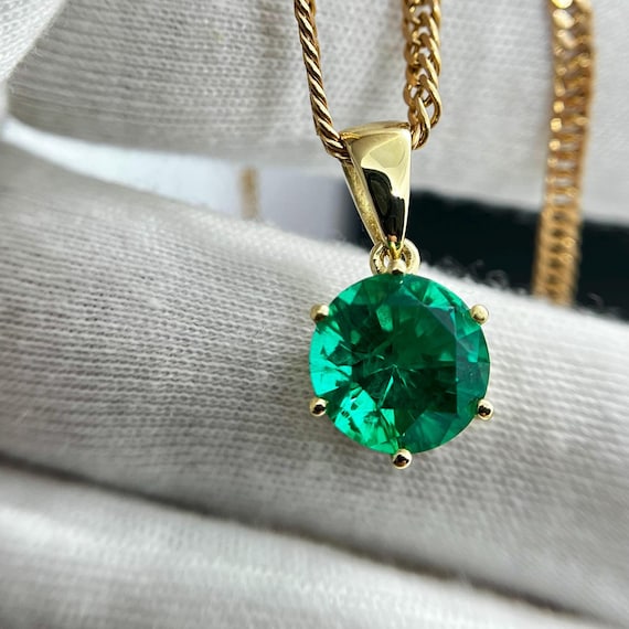 14k Solid Gold Round Emerald Pendant – Lab-Grown Hydrothermal Gemstone – Limited Edition (10mm & 14mm)