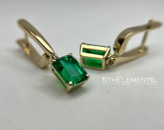 Gold Earrings With Lab Grown Colombian Emerald. Minimalist Jewelry.