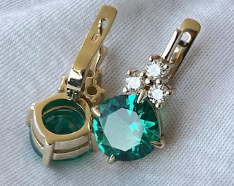 14k Gold Colombian Emerald & Diamond Earrings: Lab Grown Gemstones, Solid Gold, Unique Design.
