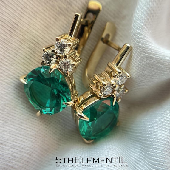 Colombian Emerald Earrings With Diamonds. Solid 14k Gold Earrings With Top Quality Hydrothermal Lab Grown Emerald Cushion Cut. Unique Items!