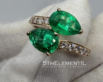 Emerald Snake Ring. Solid Gold Lab Grown Emeralds Ring With Diamonds Halo.
