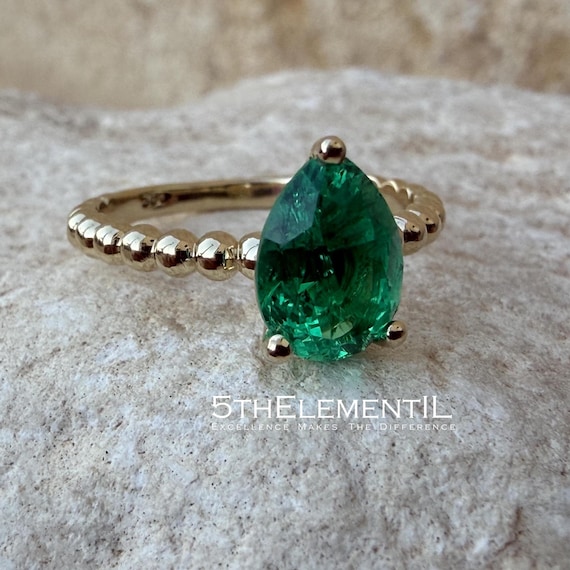 Colombian Emerald Gold Ring. Lab Grown Gemstone Minimalist Jewelry.