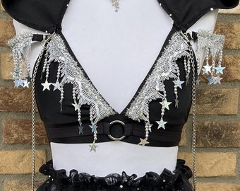 Black Rave Top,  Holographic star top,  Holographic top, Holographic star bra, Fairy outfit, Festival outfit , Rave set *ECLIPSE* MTO