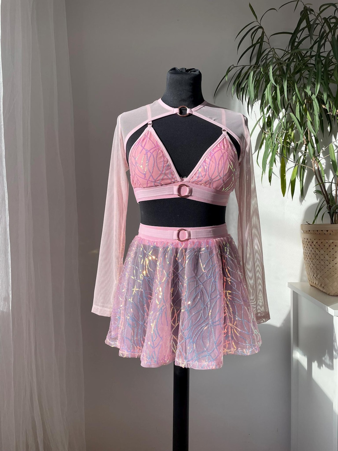 Pink Iridescent Sequin Rave Outfit: Festival Bra & Skirt Set - Etsy