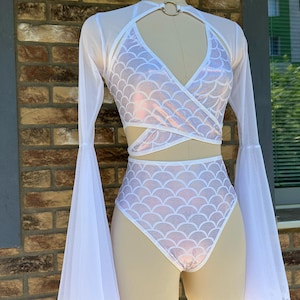 Conjunto de licra con escamas de sirena, atuendo rave con mangas acampanadas