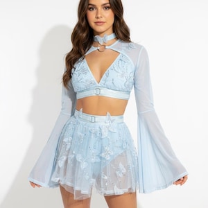 Strój Rave | Komplet z bluzką z rękawami dzwonkowymi i spódnicą w motyle z koralikami