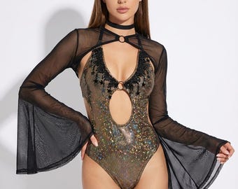 Body holográfico con estrellas / Body elástico con mangas acampanadas