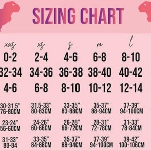 May include: Sizing chart for clothing with measurements in inches and centimeters. The chart includes sizes XXS to XL, with corresponding US, EU, and UK sizes. Measurements are provided for bust, waist, and hips.