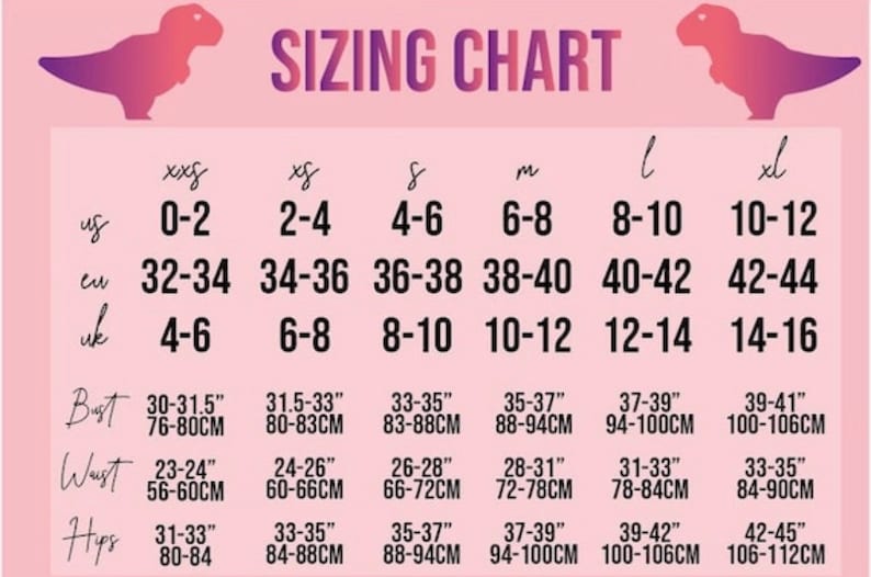May include: Sizing chart for clothing with measurements in inches and centimeters. The chart includes sizes XXS to XL, with corresponding US, EU, and UK sizes. Measurements are provided for bust, waist, and hips.