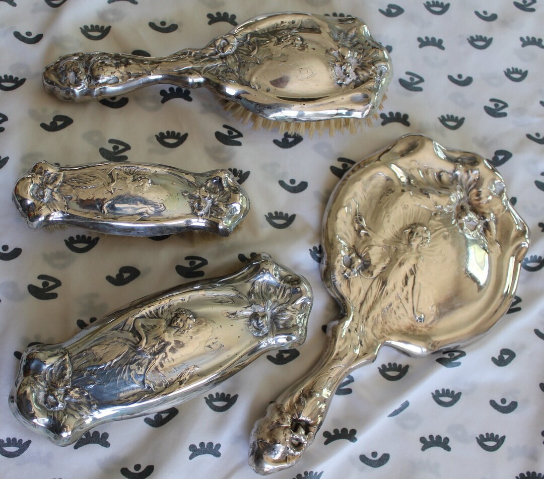 Art Nouveau Repousse Silver Plate Vanity Set With Winged Etsy