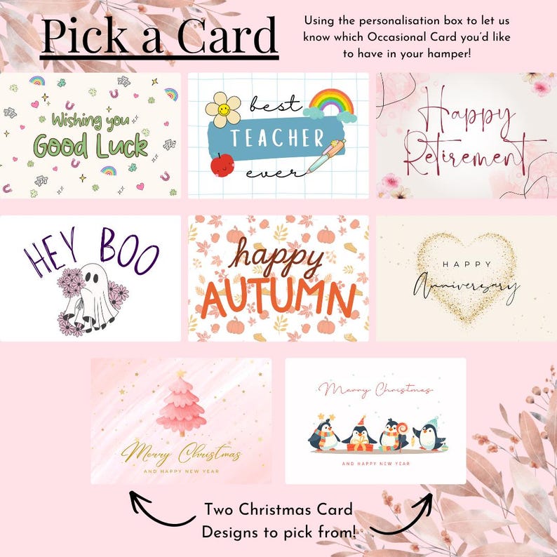May include: A collection of eight rectangular greeting cards featuring various designs including a ghost with flowers, a teacher appreciation card, a retirement card, an autumn theme, a heart, and two Christmas cards with penguins and a tree.