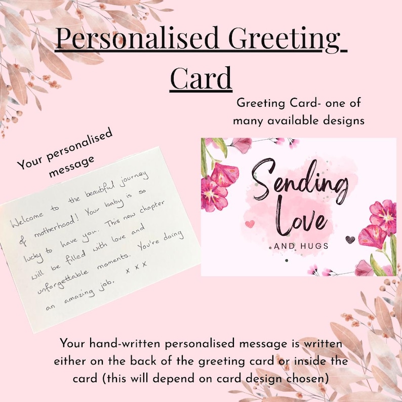 May include: A personalised greeting card featuring a pink watercolour floral design with the text Sending Love AND HUGS. A white card displays a handwritten message that reads Welcome to the beautiful journey of motherhood! Your baby is so lucky to have you.