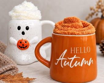 Hello Autumn Cosy Season Mug or Ghost Mug | Autumn Mug | Halloween Coffee Cup | Fall Themed Mug (Gift Set)