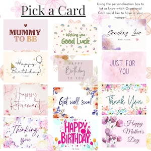 May include: A selection of greeting cards with various messages, including "Mummy to Be," "Happy Birthday," "Get Well Soon," and "Thank You." The cards feature floral and decorative designs, with text in different fonts and colors.