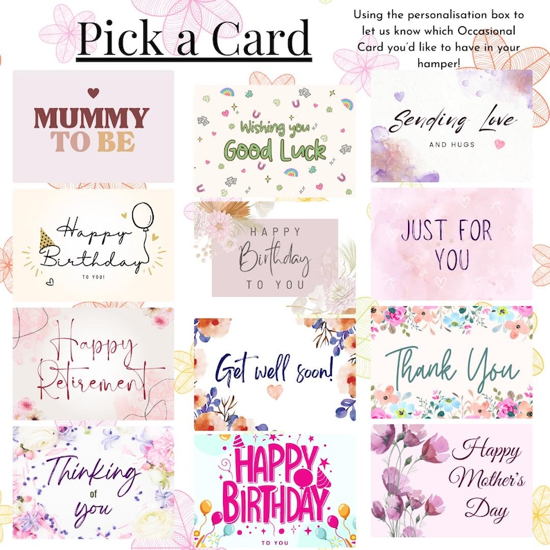 May include: A selection of greeting cards with various messages, including "Mummy to Be," "Happy Birthday," "Get Well Soon," and "Thank You." The cards feature floral and decorative designs, with text in different fonts and colors.