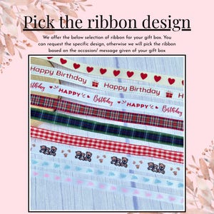 May include: A collection of decorative ribbons featuring various patterns including red hearts, Happy Birthday text with gift icons, red and green plaid, red gingham, brown teddy bears, and rows of small blue or pink baby footprints on white.