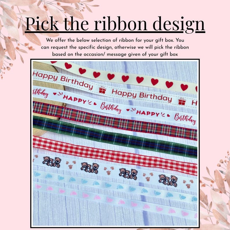 May include: A collection of decorative ribbons featuring various patterns including red hearts, Happy Birthday text with gift icons, red and green plaid, red gingham, brown teddy bears, and rows of small blue or pink baby footprints on white.