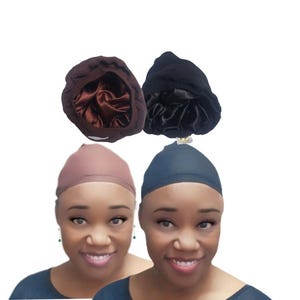 May include: Two individuals wearing fitted hair caps, one in a dusty rose shade and one in black. Above them are two satin-lined bonnets, one brown and one black, featuring gathered edges and a smooth, shiny interior lining.