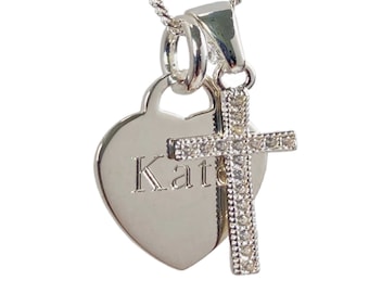 Sterling Silver Heart & Cross, Personalised