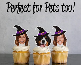 Witch Hat Face Photo Cupcake Toppers Halloween Plastic Cupcake Topper Sticks, Spooky Face Shaped Treat Toppers, 2x4 Inches Each