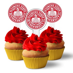 Illinois State University Cupcake Toppers, Plastic ISU Cupcake Picks,  Circle Logo Birthday Dessert Toppers, Solid Plastic