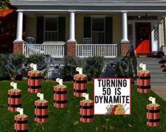 Turning 50 Is Dynamite, 10pc Birthday Yard Art, Yard Card Lawn Sign Set
