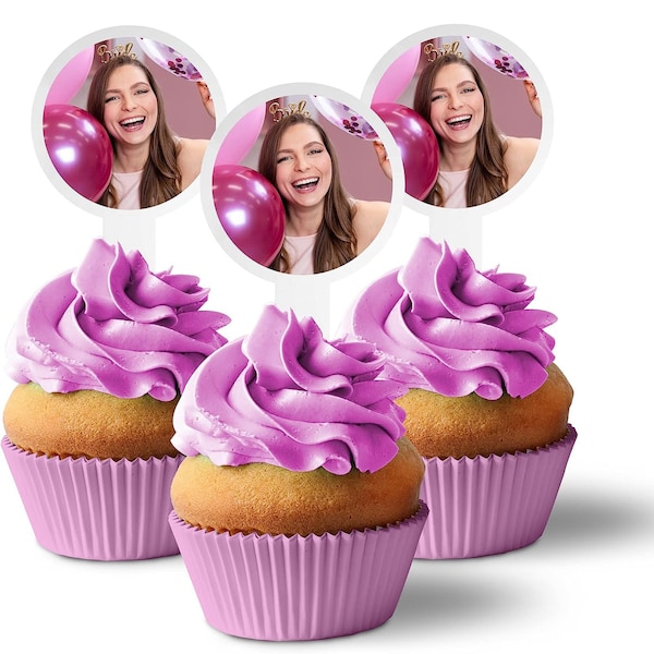 Photo Cupcake Toppers Plastic, No Paper No Toothpicks! Personalized Cupcake Picks 2x4 Inches, Circle Shaped Custom Dessert Topper