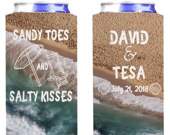 Custom Beach Wedding Can Coolers: Sandy Toes & Salty Kisses