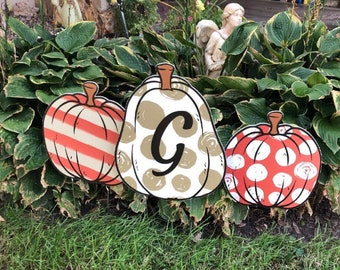 Decorative Pumpkins + Custom Initial, 3pc Fall or Halloween Yard Art, Yard Card Lawn Sign Set