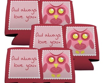 Red & Pink Owl Always Love You Can Coolers, Set of 6 Drink Insulators Can and Bottle Holders for Party Favors | Dye-sublimated