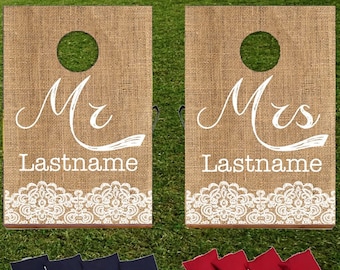 Mr and Mrs + Custom Last Name (Burlap Design) Cornhole Boards, Bean Bag Toss Yard Game