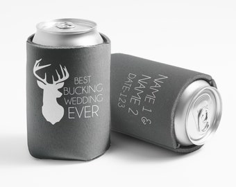 Rustic Deer Wedding Can Coolers: Personalized Party Favors